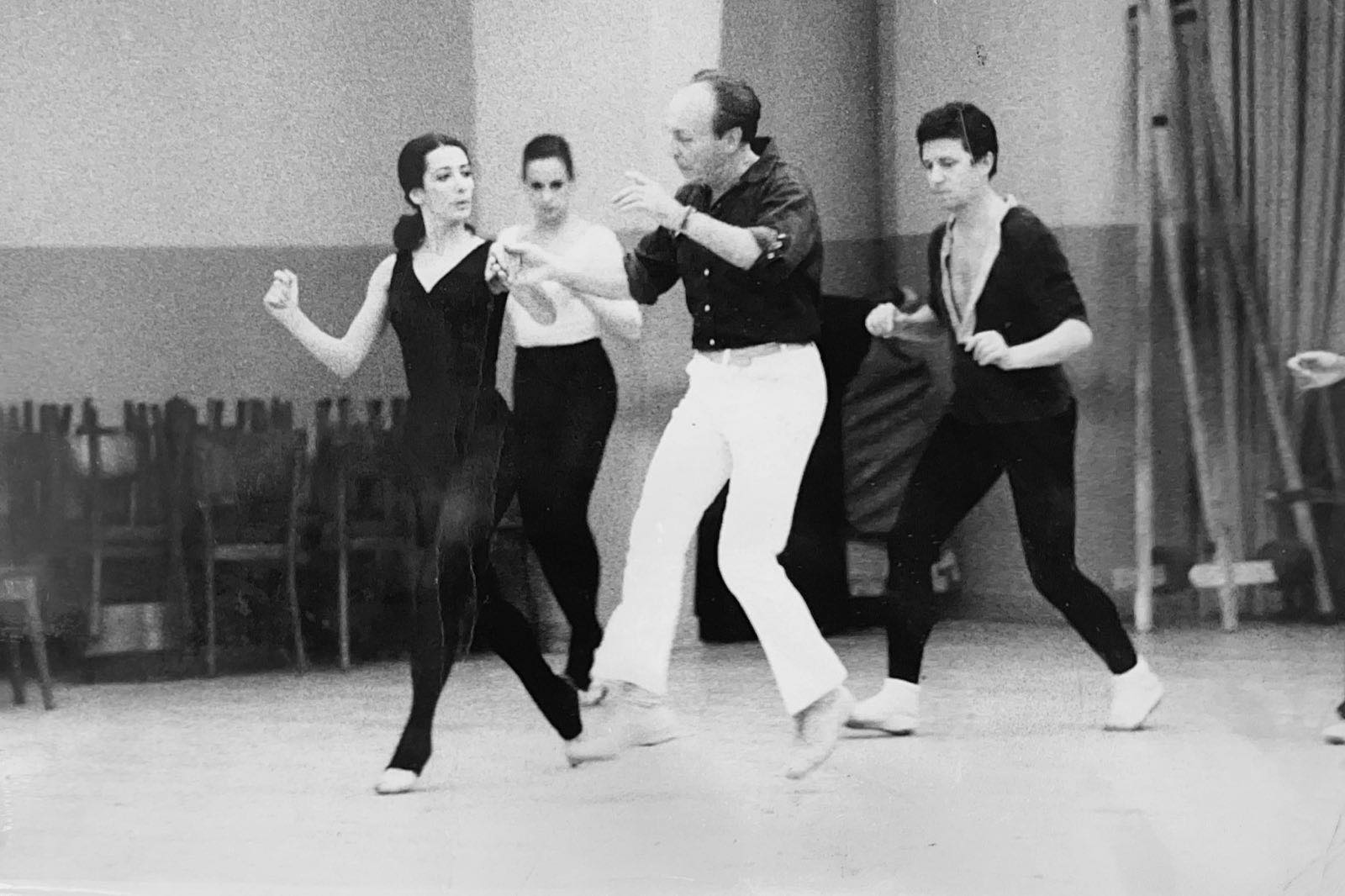 Anne Polajenko, at left, rehearsing in a studio with George Balanchine demonstrating beside her