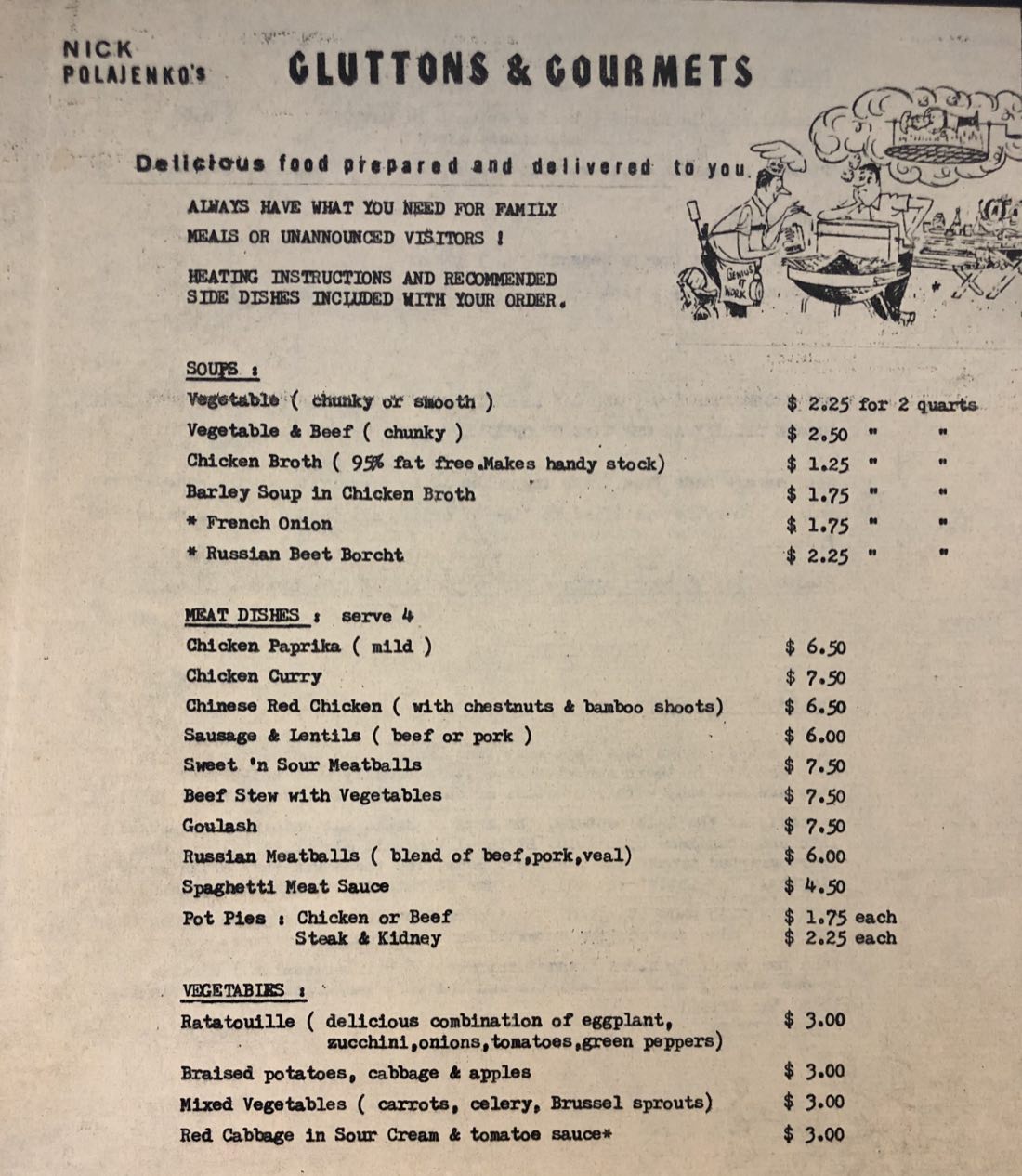 Typed one-page menu headed NICK POLAJENKO'S CLUTTONS AND GOURMETS, listing soups, meat dishes and vegetables with prices